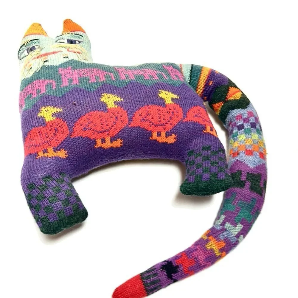 Pair Vintage 1986 Handloomed Wool Folk Art Cat Pillows Soft Sculptures Signed